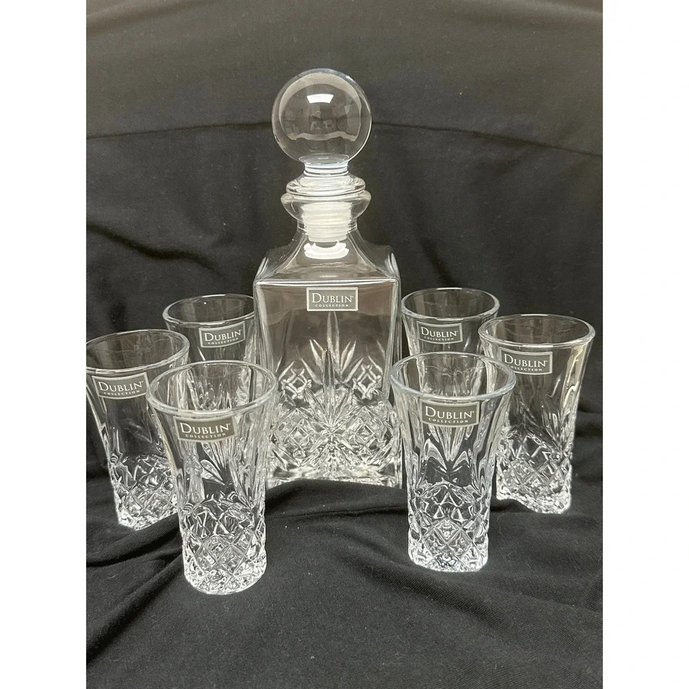Elegant Dublin Collection Crystal Decanter Set with 6 Cordial/Liqueur Glasses